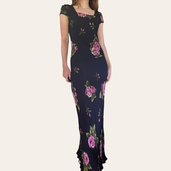 dressbarn Dresses & Skirts - 90s vintage floral chiffon square neck cap sleeve maxi dress black and pink XS/S